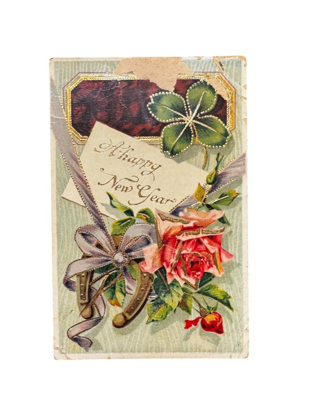 Antique Embossed New Year Postcard Clover Roses & Horseshoe 1909 Postmark German